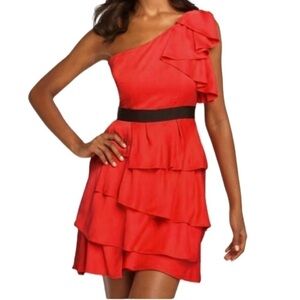 BCBGMAXAZRIA Coral Passion Tiered One Shoulder Cocktail Dress